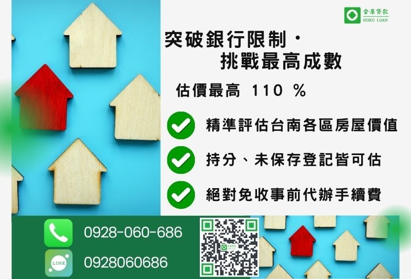 台南二胎貸款成數最高-合庫貸款不看個人信用評分,台南房屋土地價值高估。