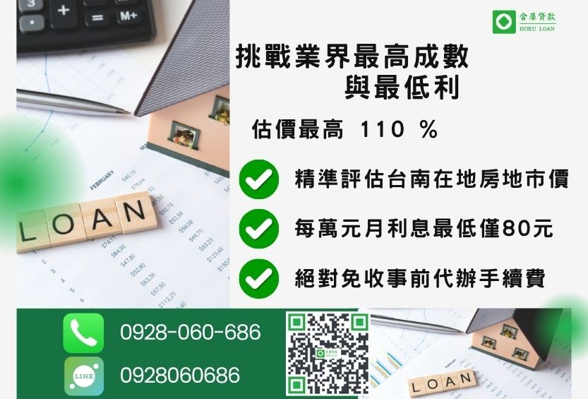 台南房屋貸款最高成數-合庫貸款不看個人信用評分，房屋價值高估最高可達110%。