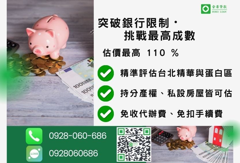 台北民間二胎房屋借款成數最高-合庫貸款不看個人信用評分，台北房屋土地價值高估。