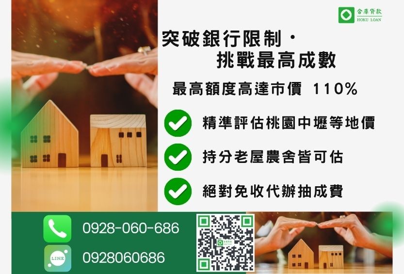 桃園房屋借款桃園成數最高-合庫貸款不看個人信用評分，桃園房屋價值高估。