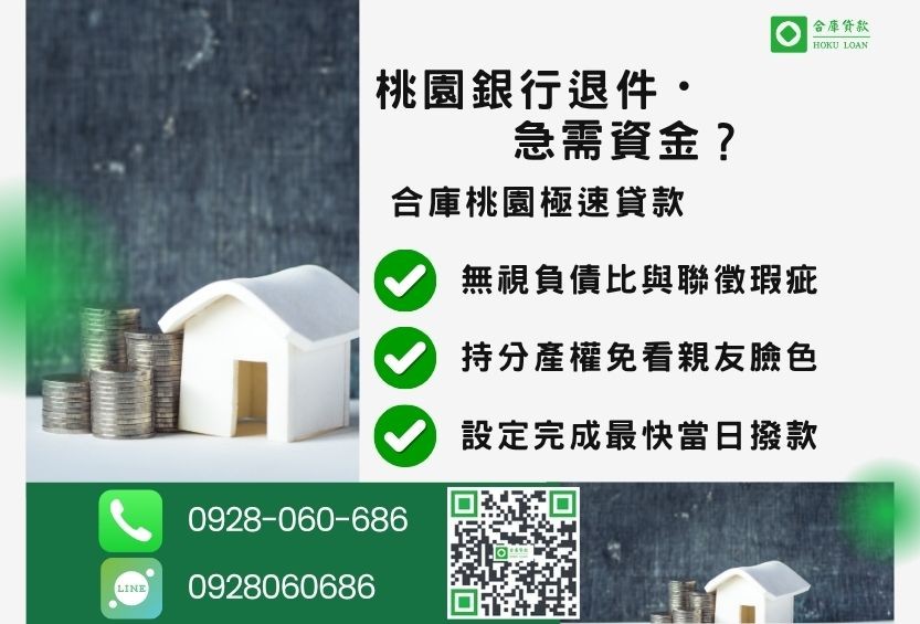 桃園桃園房屋貸款推薦-合庫貸款金主直營，針對桃園銀行退件屋主提供極速房屋貸款方案。
