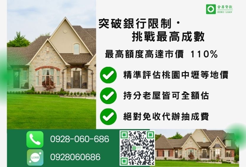 桃園民間二胎成數最高-合庫貸款不看個人信用評分，桃園房屋土地價值高估。