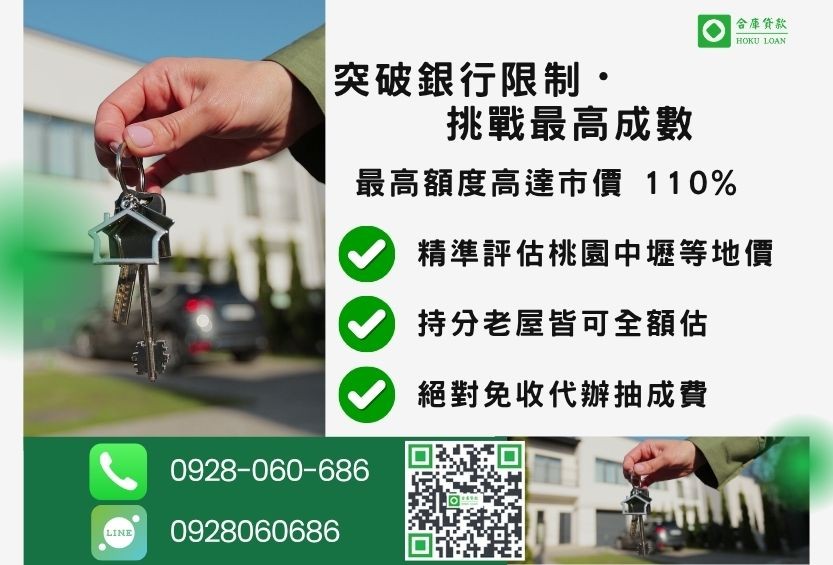 桃園民間房屋二胎成數最高-合庫貸款不看個人信用評分，桃園房屋價值高估。