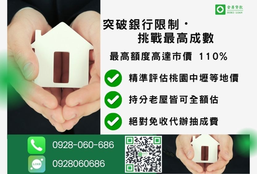 桃園房屋土地二胎成數最高-合庫貸款不看個人信用評分，桃園房屋土地價值高估。
