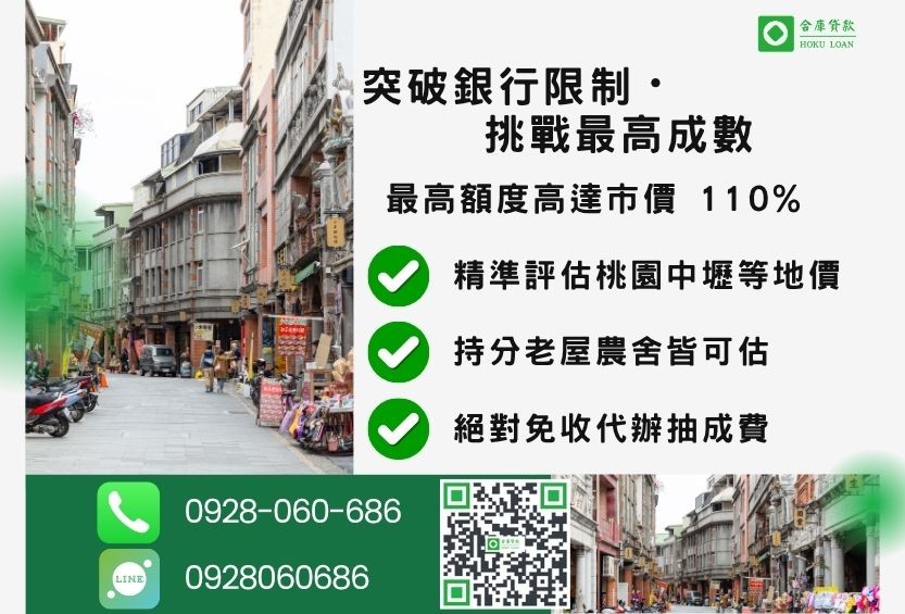 桃園桃園二胎借錢成數最高-合庫貸款不看個人信用評分，桃園房屋土地價值高估。