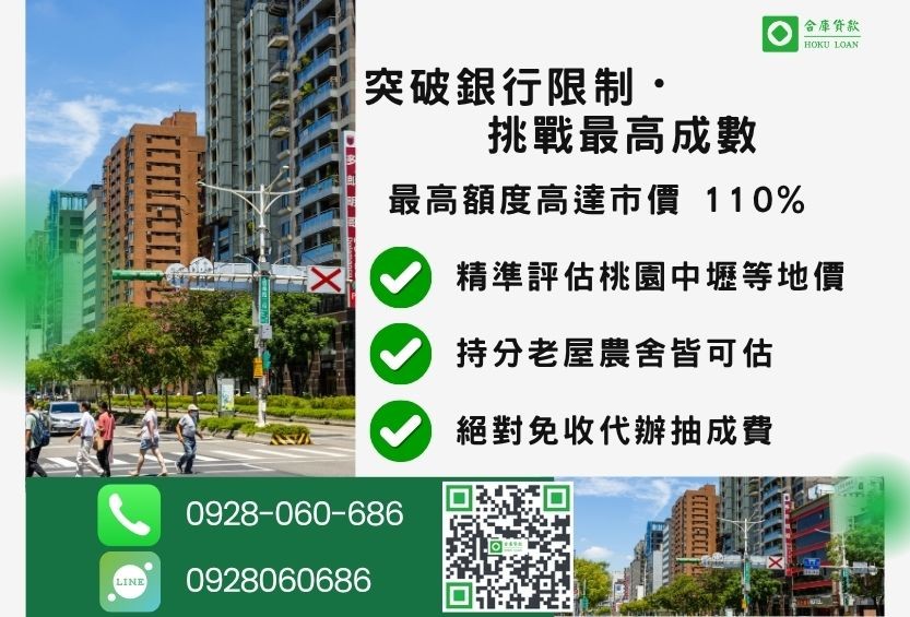 桃園桃園二胎借錢成數最高-合庫貸款不看個人信用評分，桃園房屋土地價值高估。