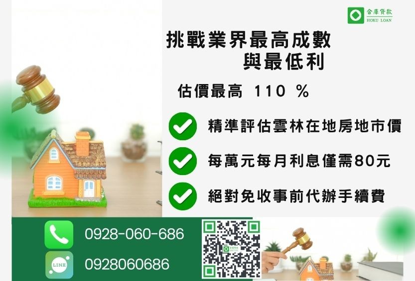 雲林借款優惠利率0.8%-合庫貸款不看個人信用評分，不動產價值高估最高可達110%。
