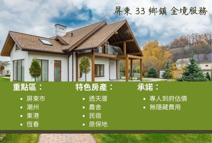 屏東縣地圖，標示屏東市、潮州、東港、恆春等 33 鄉鎮皆在服務範圍內。