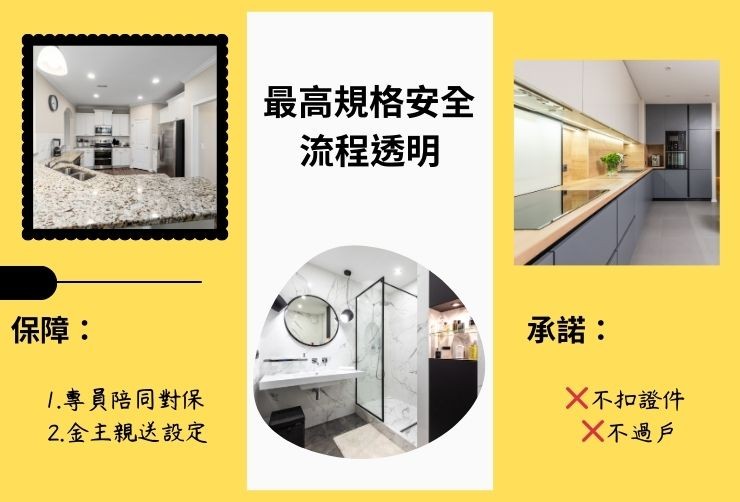 專業對保人員陪同簽約、金主親自前往高雄地政事務所辦理設定之流程圖，強調不押證件、不過戶。