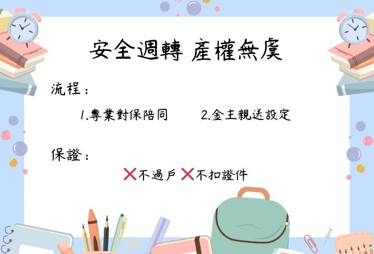 專業對保專員陪同簽約、金主直送地政事務所之流程保障示意圖，強調不押證件、不過戶、不收預收費。