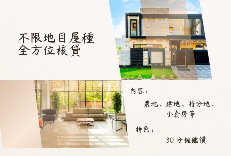 桃園各類不動產示意圖（農地、建地、持分、公寓、透天），標註不限屋齡與地目皆可核貸。